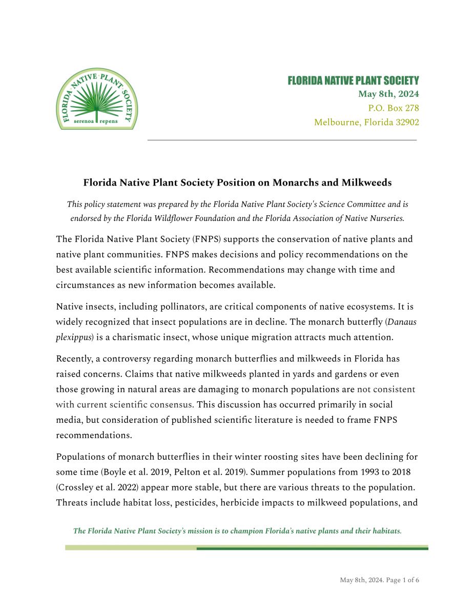 Florida Native Plant Society Position on Monarchs and Milkweeds